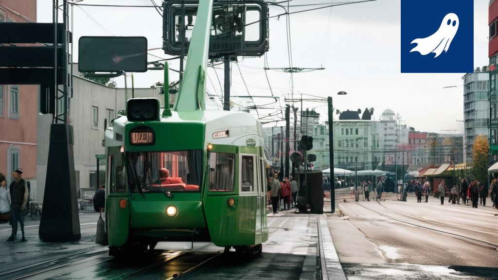 Sarjakuvamainen kuva Tampereen ratikasta, jonka sisällä lastenvaunut ovat sekaisin ja ihmiset yrittävät väistellä niitä.