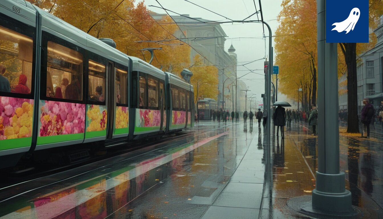 Kuva Tampereen ratikkapysäkistä, jossa näkyy digitaalisen taiteen esittelyä tai NFT-kauppapaikan logo.