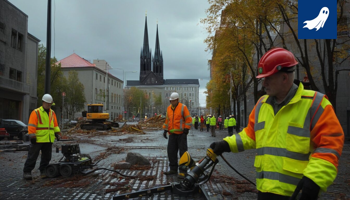 Kaivinkone purkaa betonia Tampereen keskustassa, symboloiden uuden Purku-Passi -kryptovaluutan syntyä.