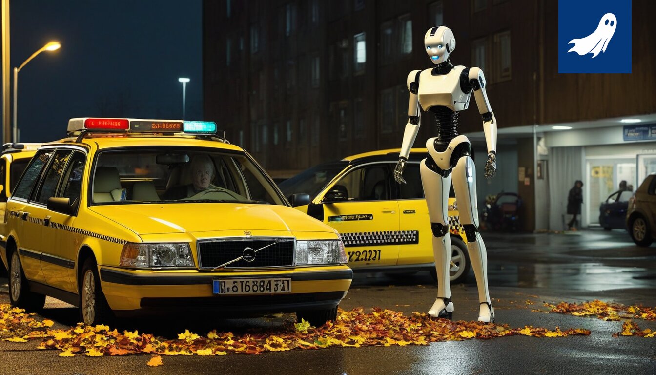 Autonomiset taksit Taysin parkkihallissa ohittavat potilaan, kun Robocop valvoo järjestystä.