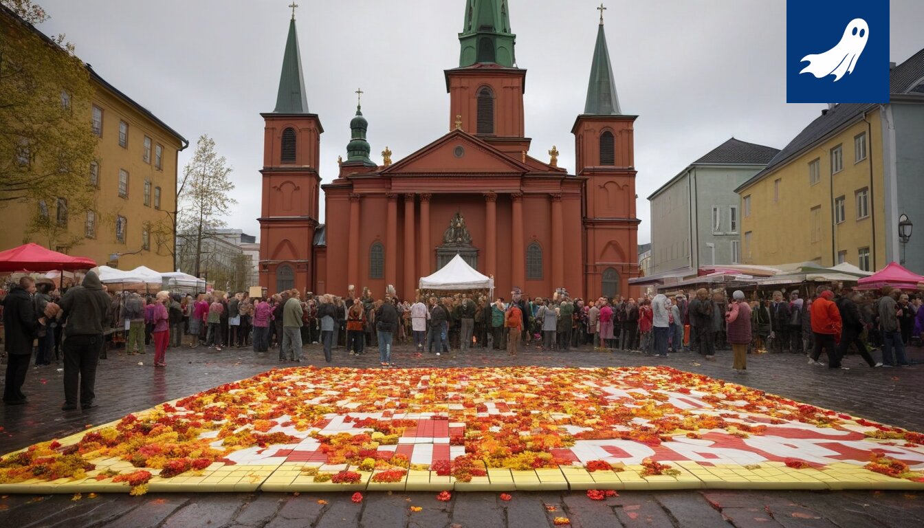 Tampereen tuomiokirkon teltta olutfestivaalilla, symboloiden uskonnon ja modernin elämäntyylin yhdistymistä.