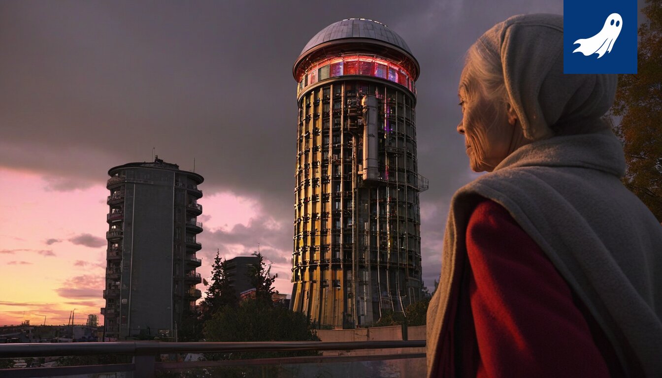 Satirical illustration depicting a tower constructed from coffee capsules looming over the city of Tampere.