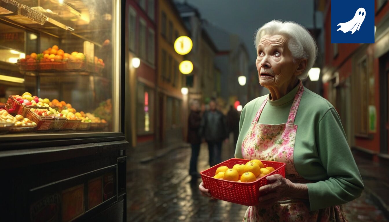 Sarjakuvamainen kuva nuoresta ihmisestä ostamassa eläkettä vanhalta henkilöltä, joka esittää osakkeita.
