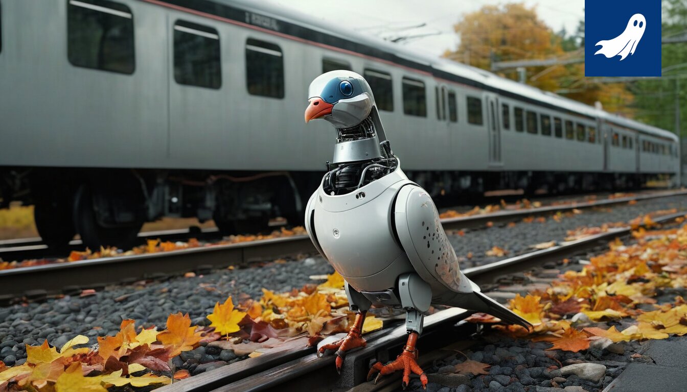 Satiirinen kuva lakkoilevista rautatiekiskoista, joita ympäröivät robottikyyhkyset.
