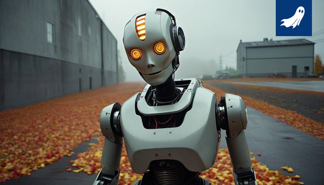 Satiirinen kuva OP Pohjolan Ruskon logistiikkakeskuksesta, jossa vihjataan ihmisten korvaamisesta roboteilla.