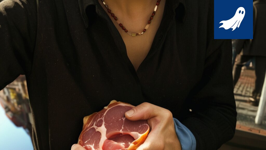 Kuva Tampereen Kauppahallista, jossa myydään iberico-kinkkua, viitaten artikkeliin Espanjan algoritmin vaikutuksesta.