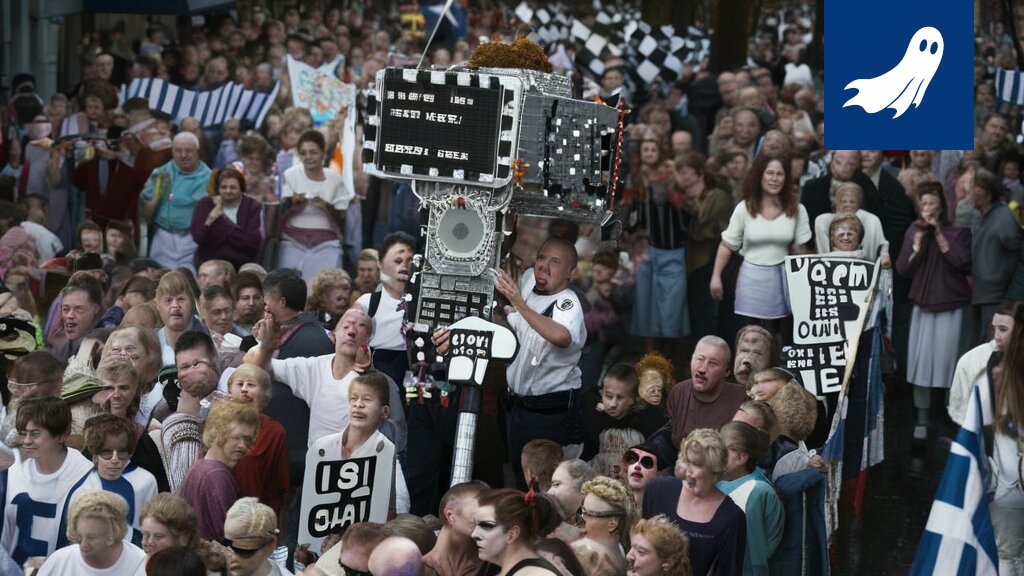 Futuristinen Tammelan stadion robottipoliiseineen ja yleisönä, joka tarkkailee jalkapallo-ottelua.