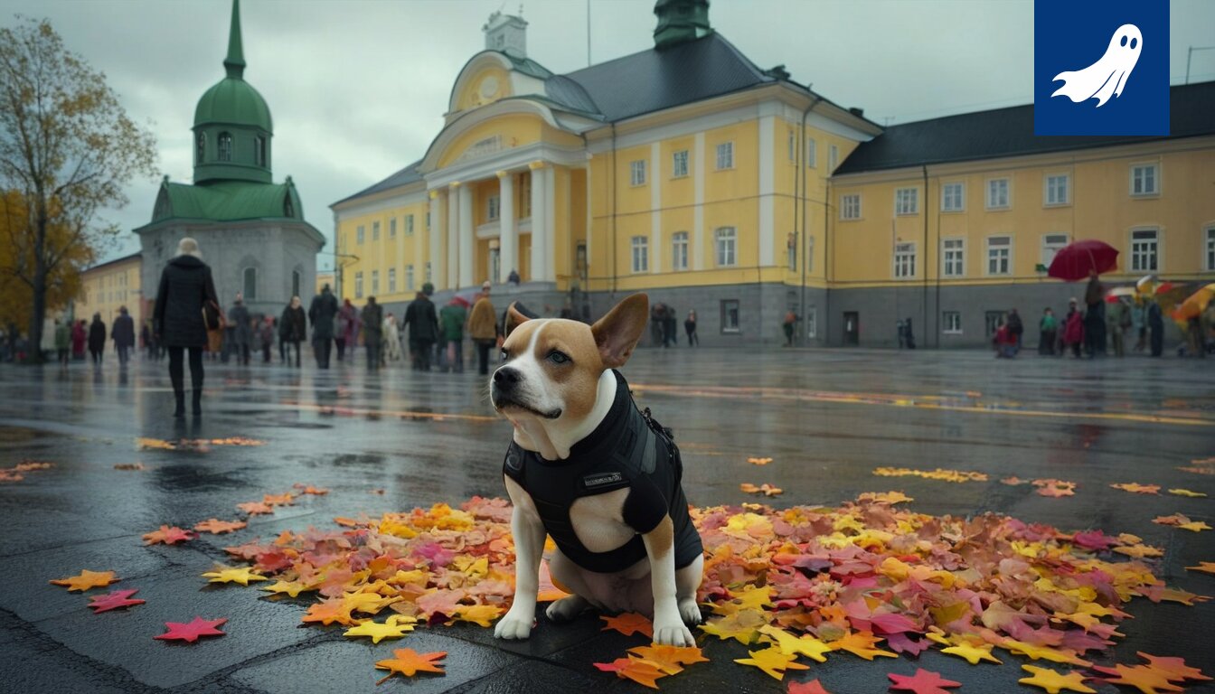 Satiirinen kuva Valkeakosken kaupungintalosta, jossa näkyy tekoälyn symboleja ja itkeviä ihmisiä.