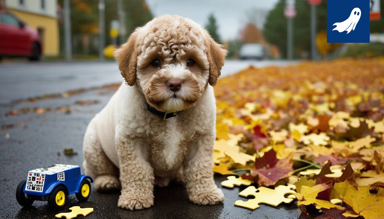 Söpö lagotto romagnolon pentu, jonka ympärillä pyörii kysymysmerkkejä ja datavirtoja, viitaten salaliittoteoriaan.