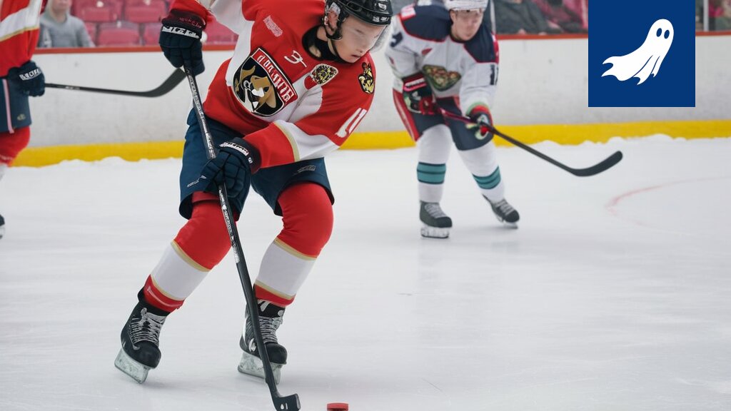 Jääkiekkoilija Aleksander Barkov pelaamassa, taustalla epäselvyyttä ja kysymysmerkkejä.