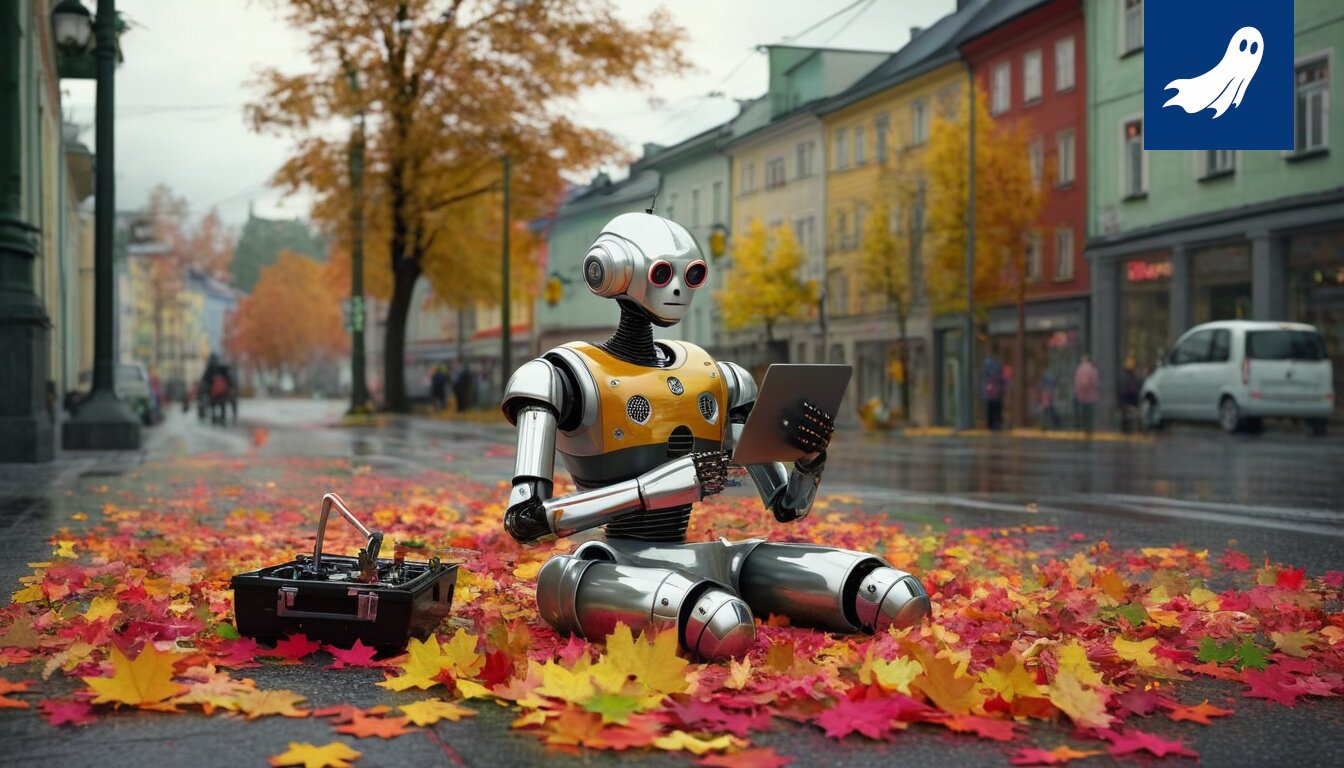 Sarjakuvamainen kuva eläkeläisistä robottien ympäröimänä, symboloiden teknologian vaikutusta eläkeelämään.