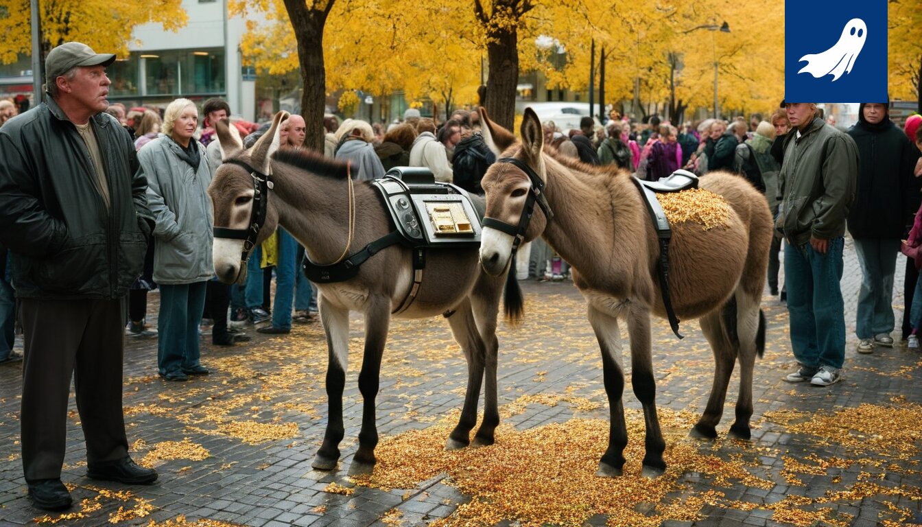 Vilho-aasi ja Lassi-poni seisovat Tampereen keskustassa, symboloiden kaupungin uutta hallintoa.