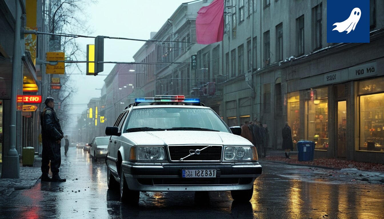 Sarjakuvamainen kuva autonomisesta robotista poistamassa huurretta ylellisestä autosta yöllä.