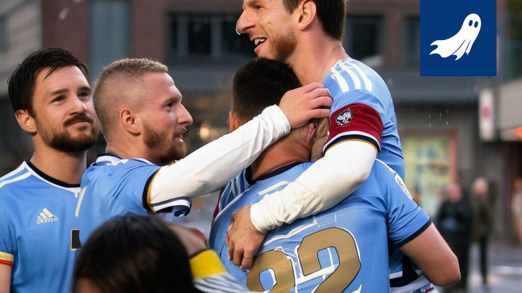 Lionel Messi juhlii voittoa, taustalla droonishow ja Inter Miamin logo.