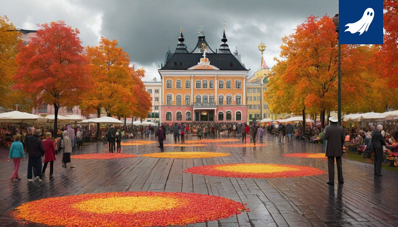 Glitterillä kuorrutettu Muumipeikko-patsas Hämeenkatua koristamassa Tampereella.