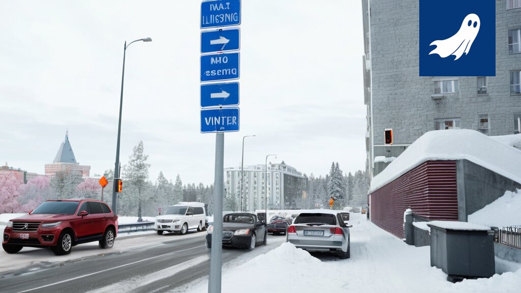 Kuva Tampereen kaupungista, jossa autoilija suorittaa parkkipaikkatutkintoa porakoneen ja lasermittarin kanssa.