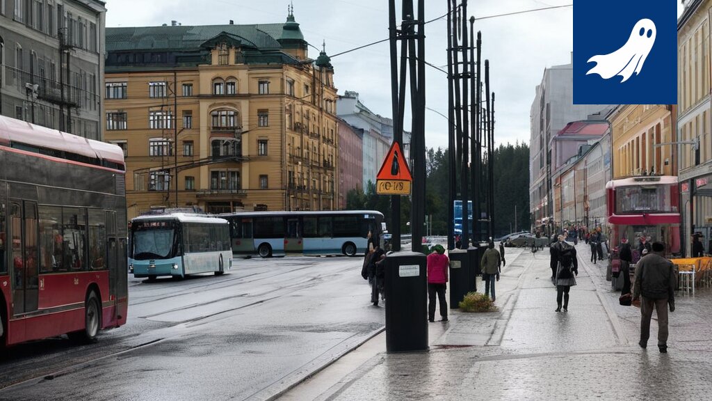 Sarjakuvamainen kuva Tampereen ratikasta, jonka mainosnäytöllä näkyy hautauspalvelun mainos.