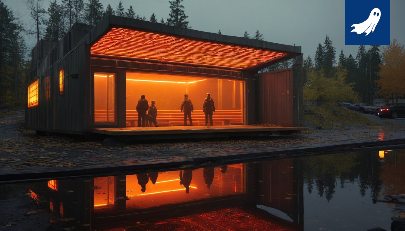 Hiedanrannan saunan sisustus, jossa näkyy moderni sauna ja vihje datakeskuksesta.