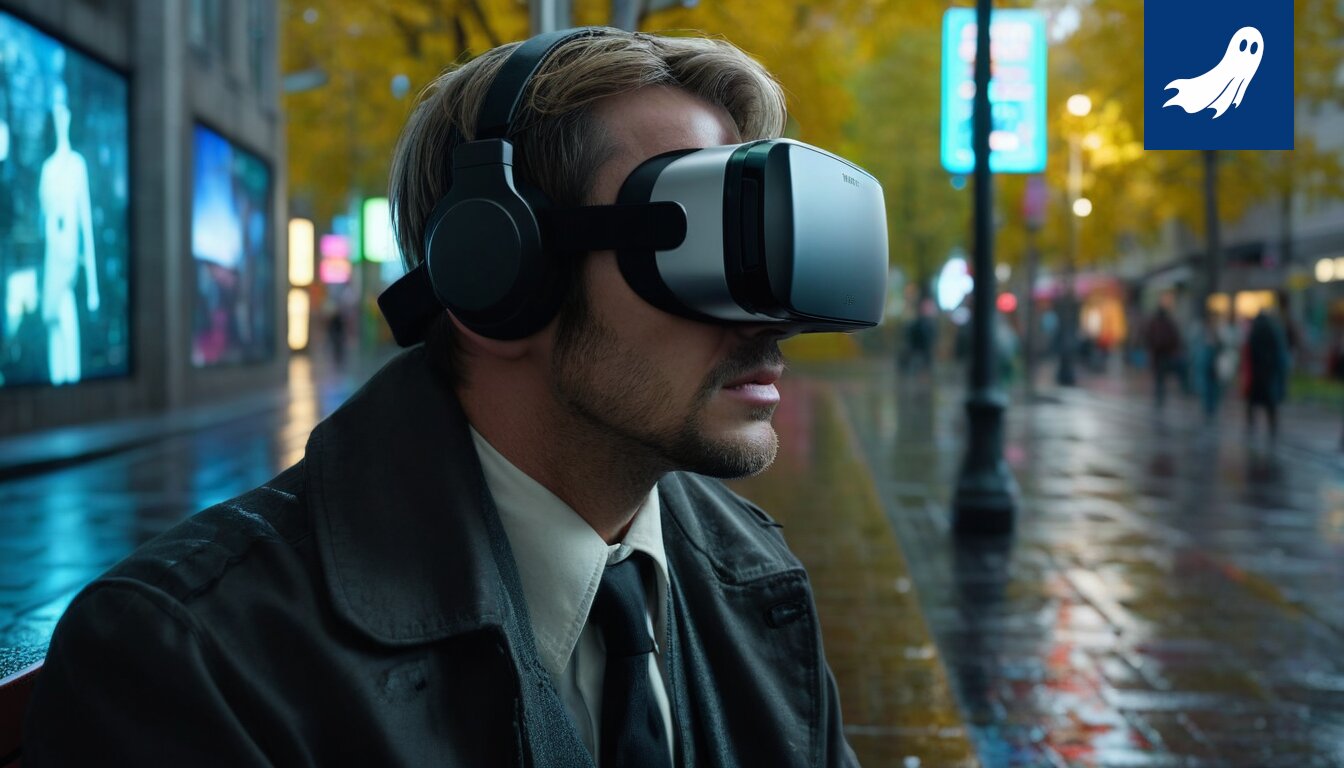 Satiirinen kuva digitaalisesta työntekijästä, joka klikkailee taulukoita virtuaalitodellisuudessa.