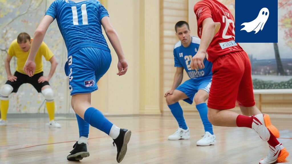 Futsalpelaaja laukoo palloa Tampereen kentällä, taustalla näkyy Akaan ja Kemin joukkueiden pelaajia.