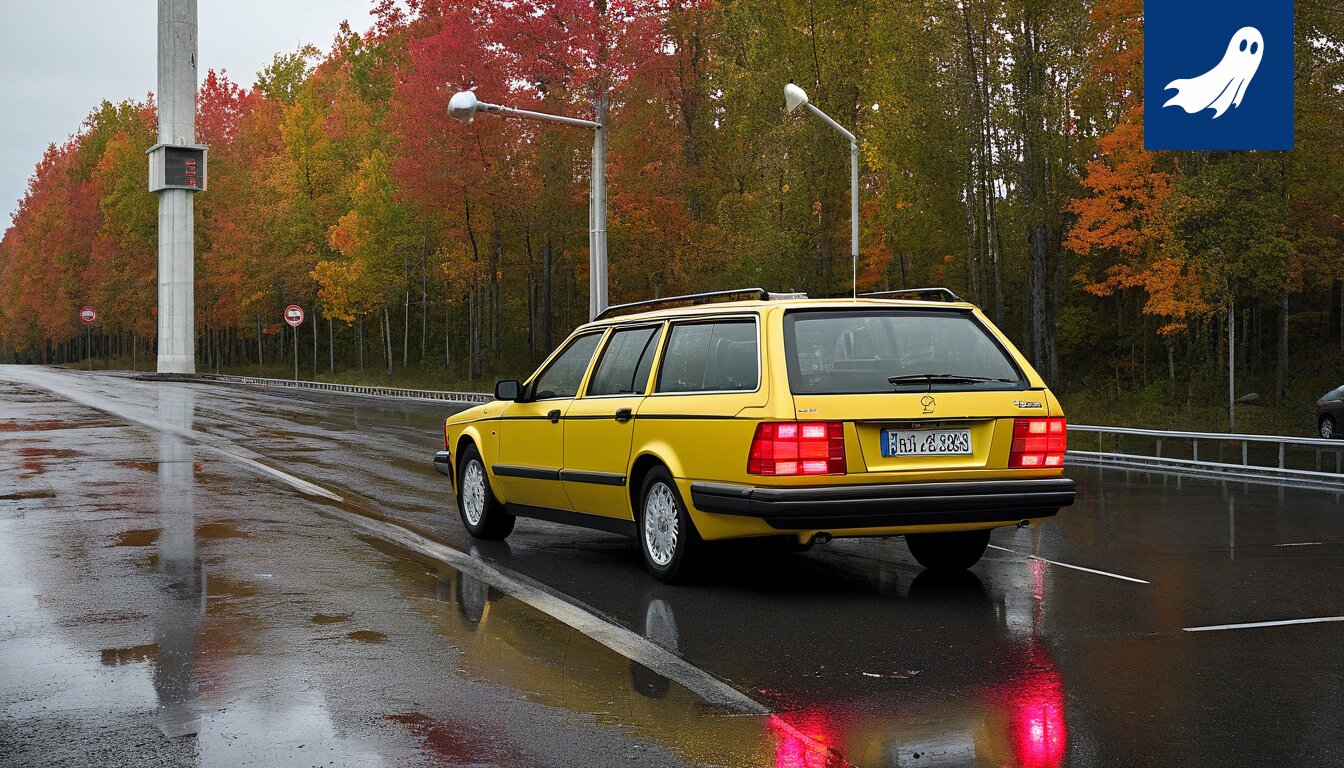 Neonvaloilla koristeltu auto Tampereen kadulla, kuva satiirisesta uutisartikkelista.