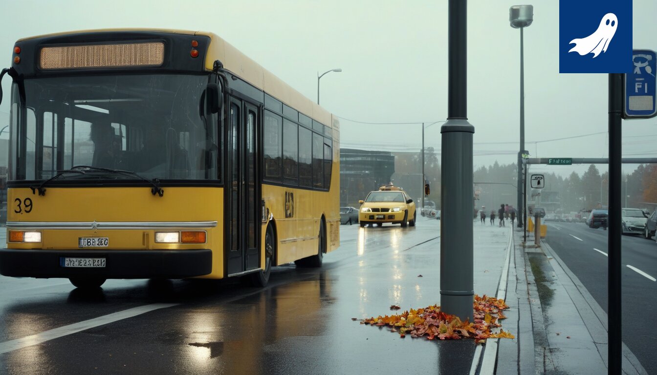 Tesoman bussipysäkki liikkeellä, Robocop valvomassa tilannetta.