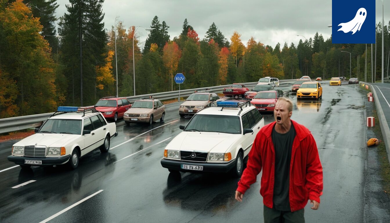 Autot jumissa Läntisellä kehällä, taustalla näkyy vääristyneitä liikennemerkkejä ja aaltoilevia kaistaviivoja, viitaten Pirjo i Sverige -sarjan aiheuttamiin hallusinaatioihin.