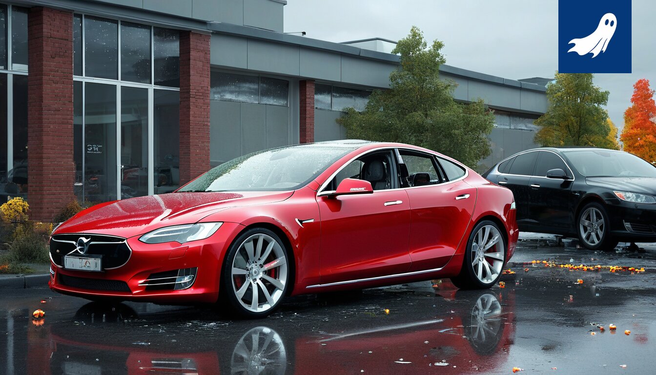 Tesla-auto osittain läpi lasiseinän robottivartijoiden sekaannuksen vuoksi.