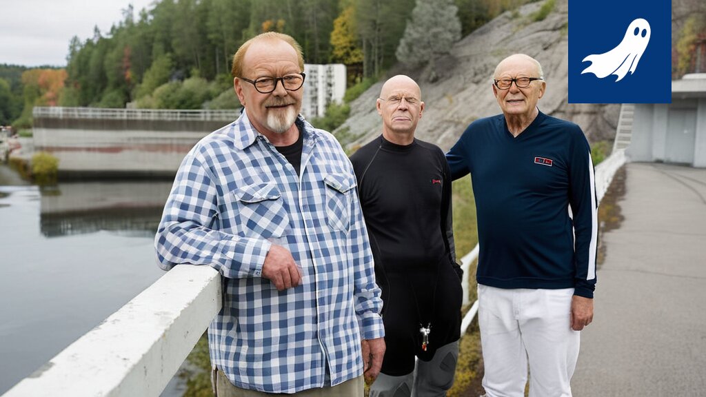 ProfitoBot-3000x -robotti seisoo Kokemäenjoen rannalla, kalat uivat ympärillä ja voimalaitos taustalla.