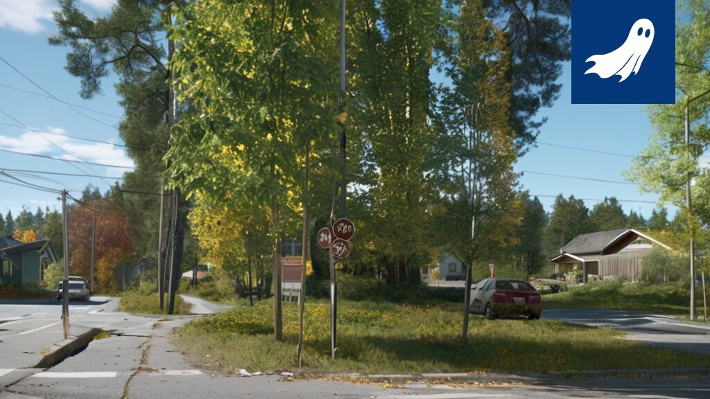 Robocop seisoo Tampereen keskustassa, taustalla piikkirenkaita ja valvontadroneja.