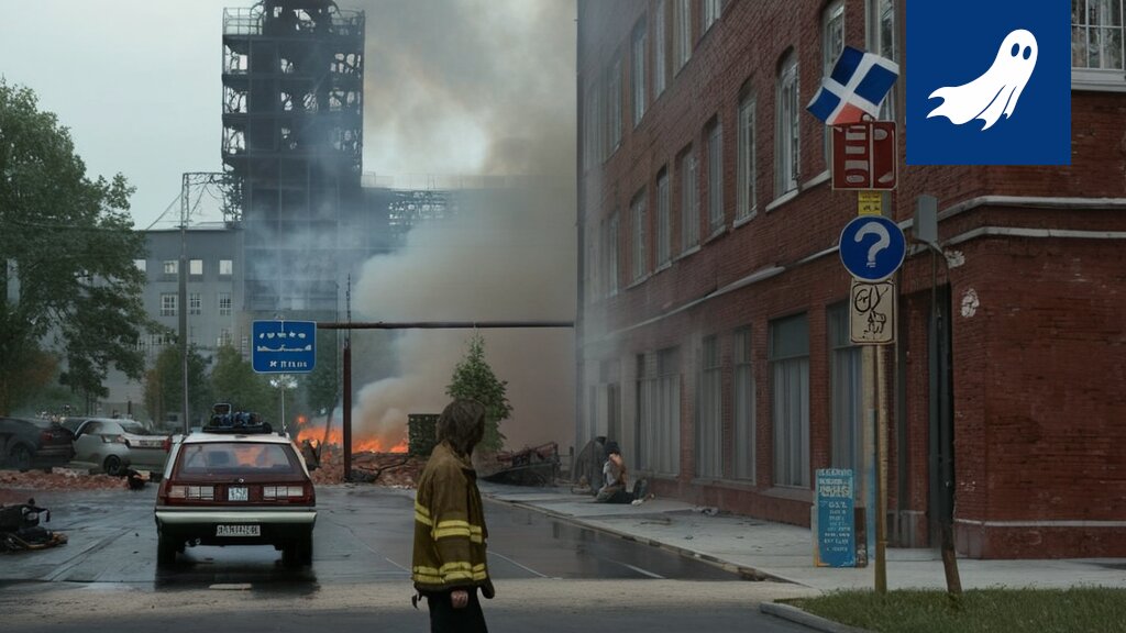 Savua nousee Tampereen parkkihallista, viitaten tekoälyn aiheuttamaan tuhoon.