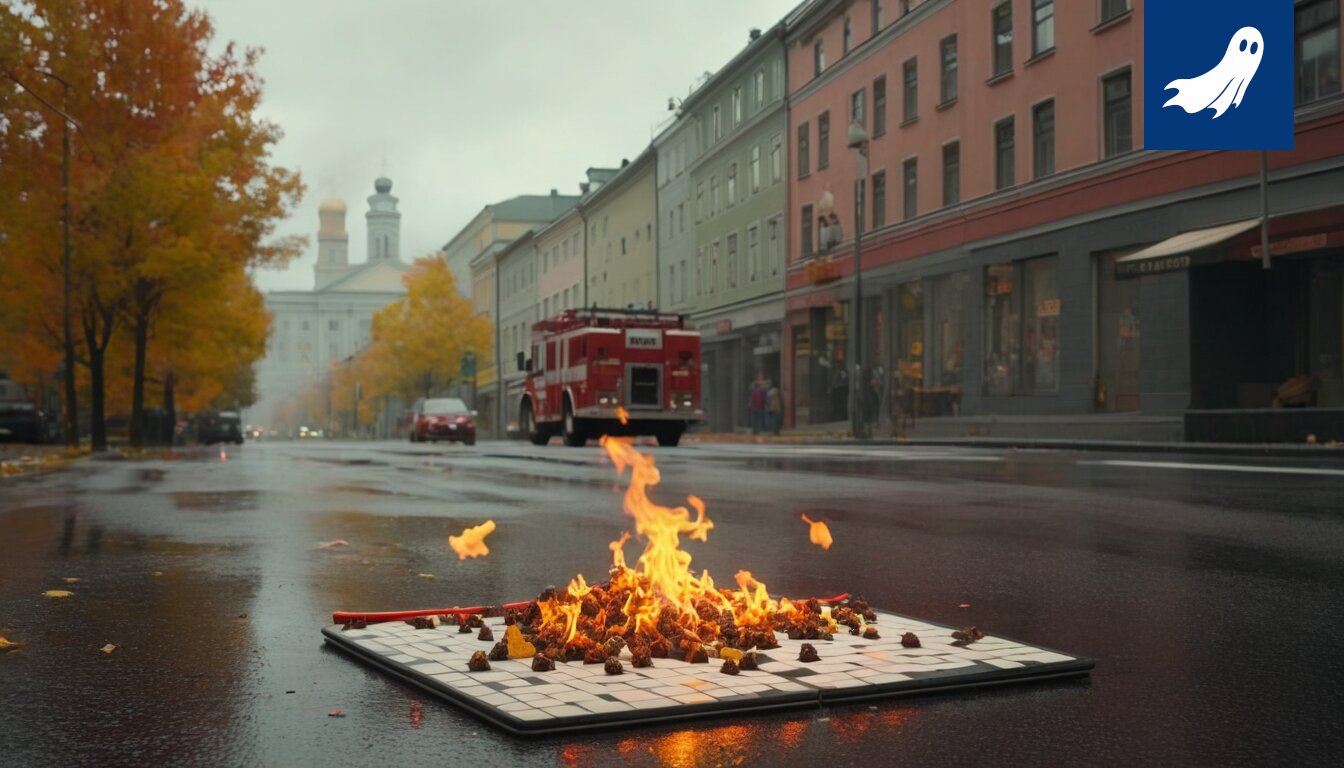 Sarjakuvamainen kuva vauvasta leikkimässä palavan parkkihallin edessä, symboloiden artikkelin absurdia yhteyttä.