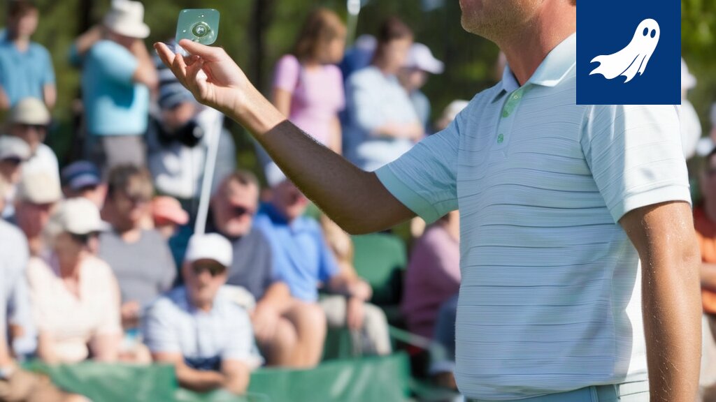 Satiirinen kuva Sami Välimäestä, joka esittelee "Performance Golf" -algoritmia golfkentällä.
