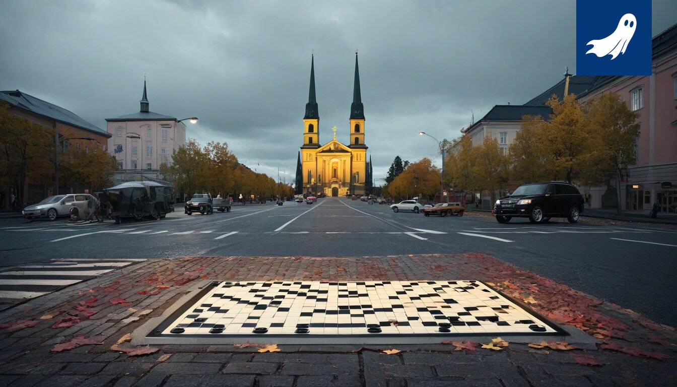 Sarjakuvamainen kuva Tampereen tuomiokirkosta, jossa jääkiekkokypärä on kirkonkellon päällä.
