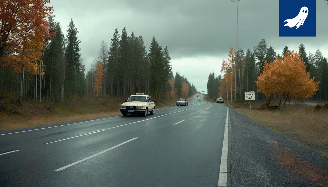 Kuva betonibunkkerista Pirkanmaan tiellä, jossa valopylväät ovat väistyneet.