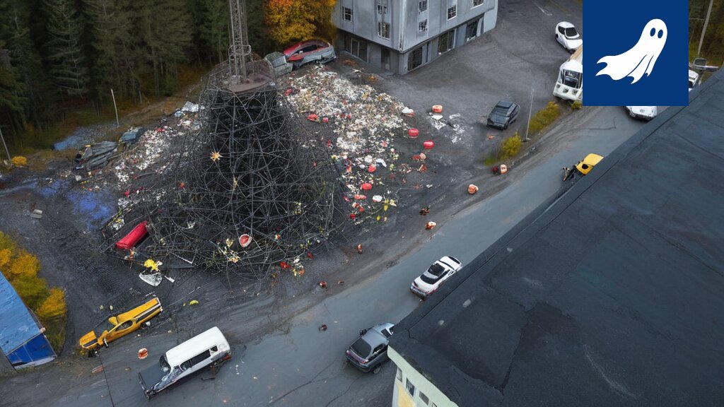 Kuva Pirkkalassa sijaitsevasta postilaatikosta, joka on varustettu liiketunnistimilla ja vilkkuvalolla, symboloiden kaupungin absurdia valvontatilaa.