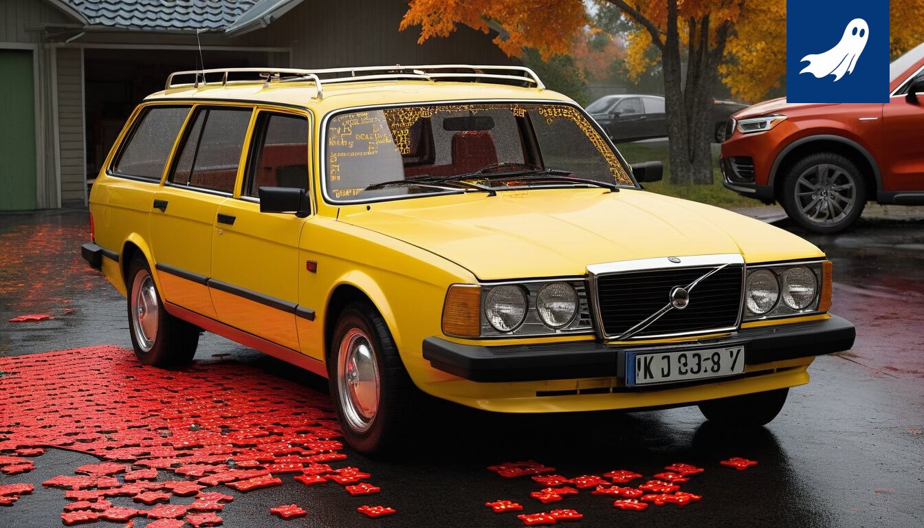 Ruosteinen Volvo parkissa, symboloiden analogisen maailman ja digitaalisen valvonnan ristiriitaa.