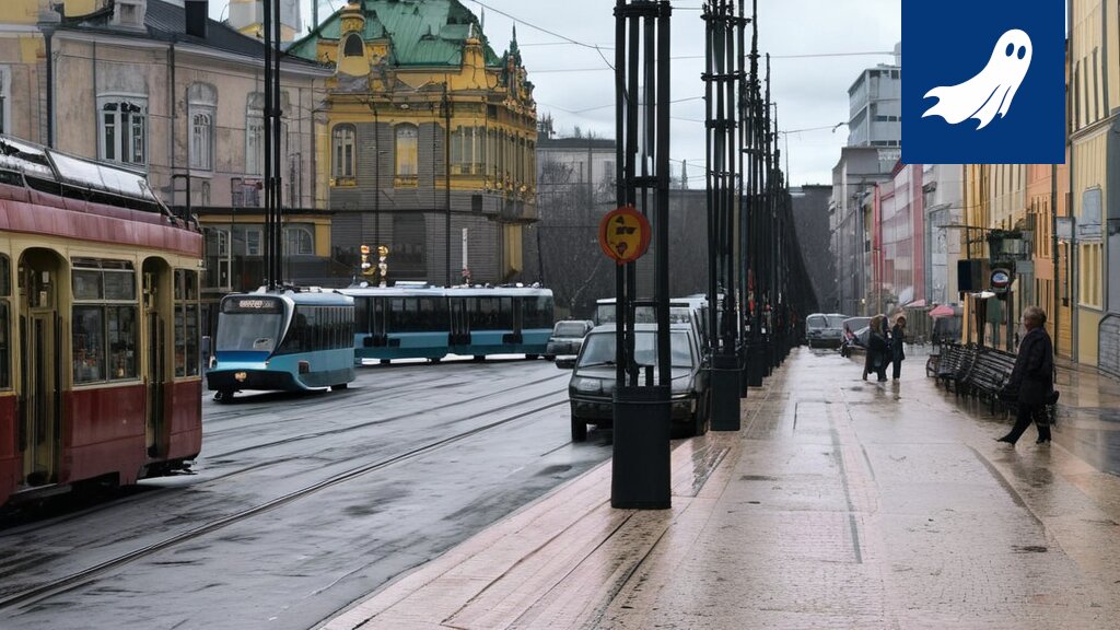 Sarjakuvamainen kuva robottibussista, joka on pysähtynyt keskelle risteystä, matkustajien ilmeistä päätellen he ovat turhautuneita.