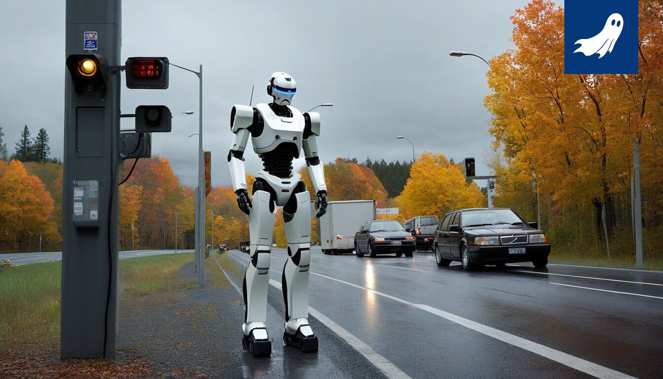 Sarjakuvamainen kuva ruuhkassa olevista autoista, joita valvoo robotti.