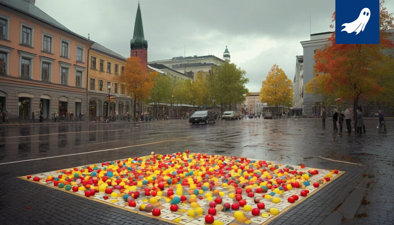 Sateenkaaren väriset stressipallot jakamassa Tampereen kaupunginvaltuustolle, satiirinen kuva.