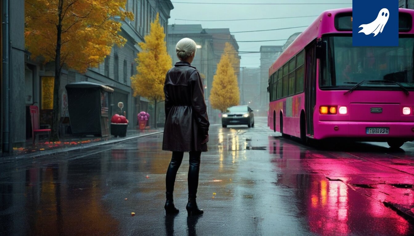 Sarjakuvamainen kuva robottipoliisista sakottamassa hämmentynyttä bussimatkustajaa Tampereella.