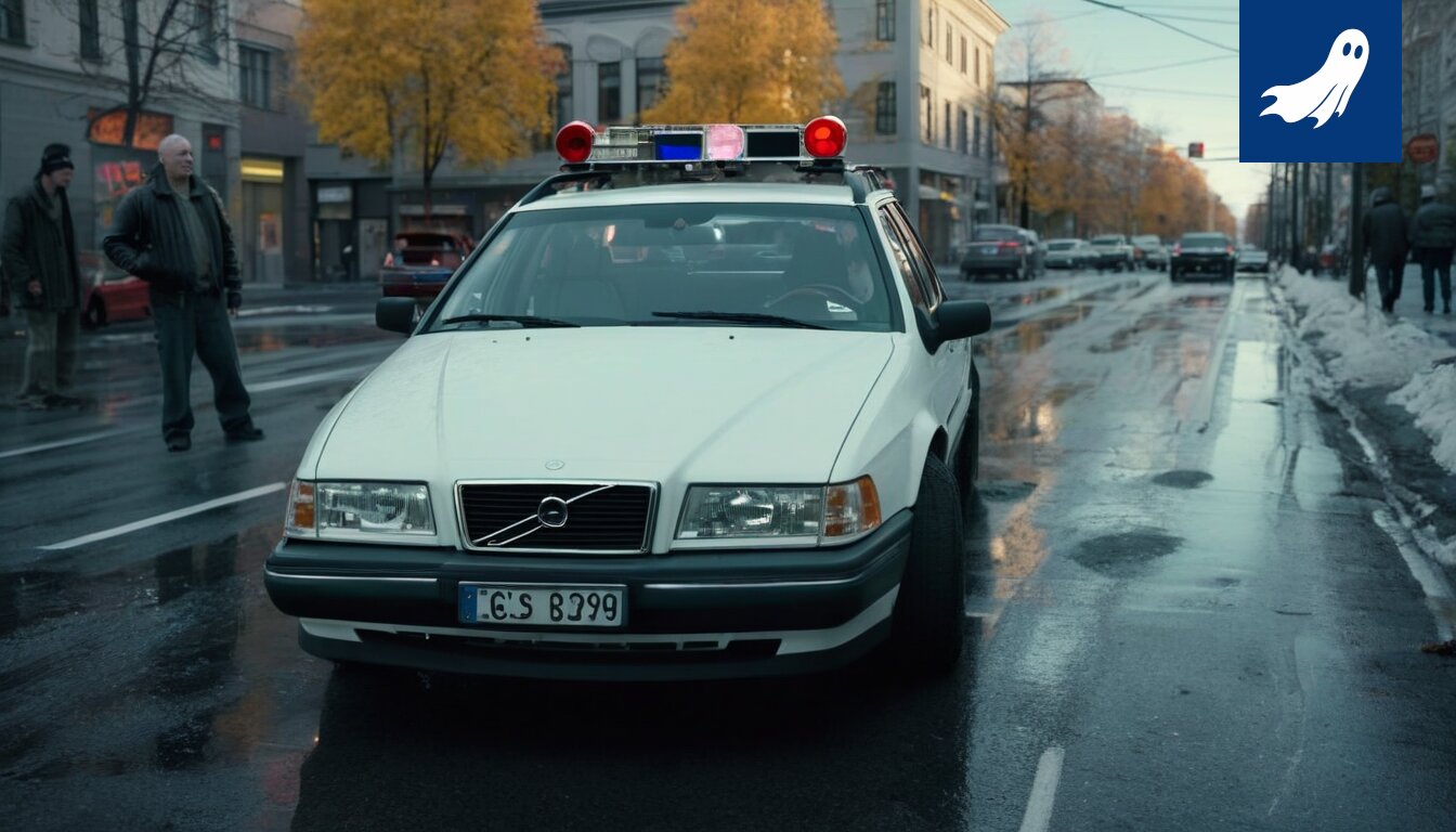 Metallinen Robocop-partio valvoo autoilijoiden talvirenkaita Tampereen katukuvassa.