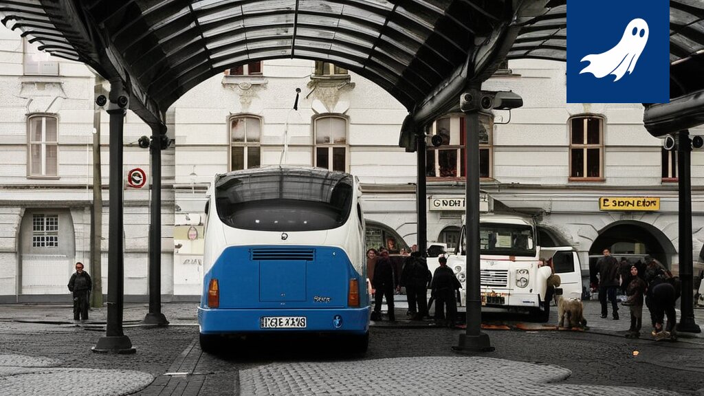 Sarjakuvamainen kuva robottibussista Tampereen kaupungissa, jossa matkustajat näyttävät vihaisilta.
