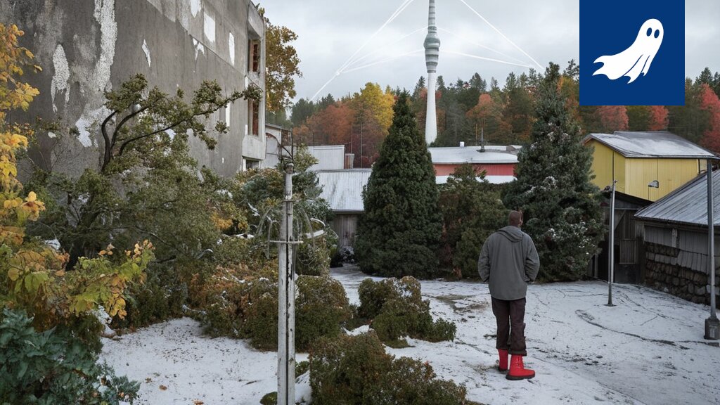 Vanhusten talon sortunut katto, jonka päälle on kaatunut kuusi, kuvastaa satiirisen uutisen absurdiutta.