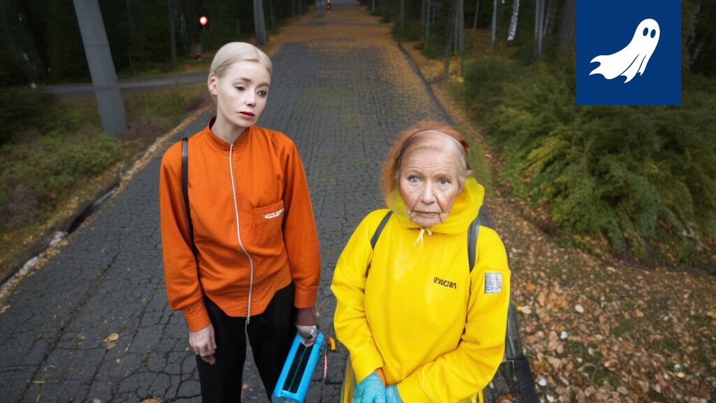 Kaksi naista kerää roskia Vuoreksen tapahtumapuistossa brändätyillä roskapusseilla.