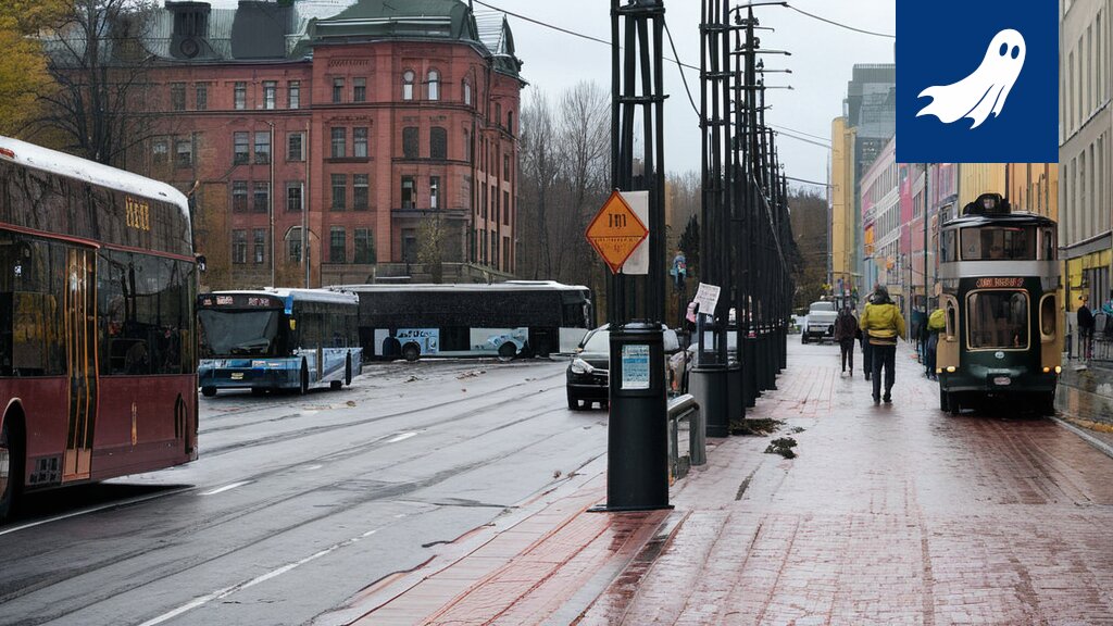 Sarjakuvamainen kuva linja-autosta, jonka ratin takana on robotti, symboloiden Tampereen joukkoliikenteen automatisoitumista.