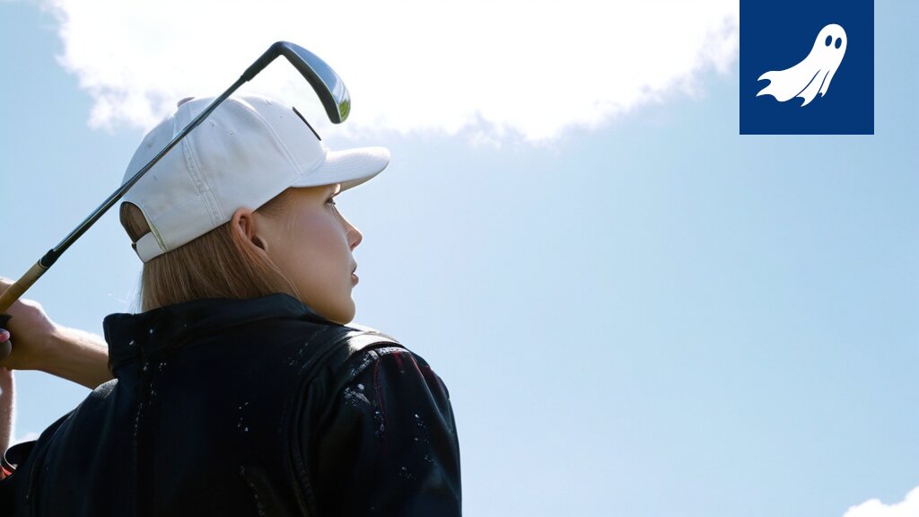 Pilapiirros tai kuvitus, jossa golfari lyö palloa ja taustalla näkyy Tampereen kaupungintalo sekä robotteja.