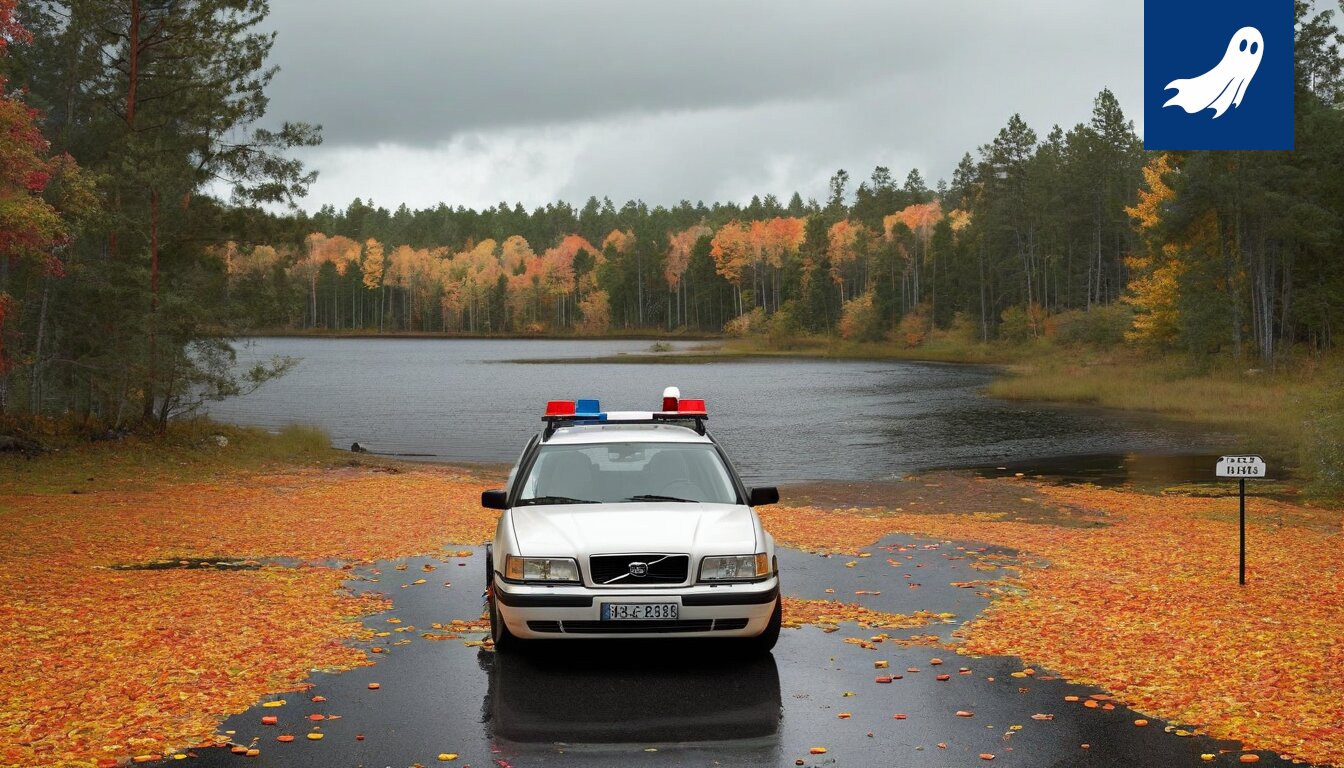 Poliisin robottivene jahtaa huviveneitä Kerimäen järvellä satiirisen uutisartikkelin kuvituksena.
