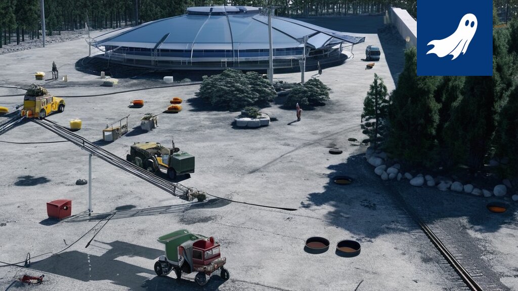 Robocop seisoo Hakametsän jäähallin edessä, taustalla uhkaavasti ammoniakkihöyryä päästäviä jääkoneita.