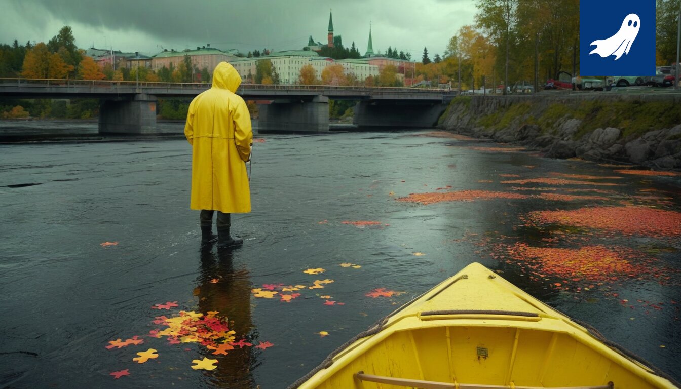 Tammerkosken virrassa uivia kaloja, joita ohjaa tekoäly, satiirisen uutisartikkelin kuvitus.